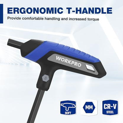 WORKPRO 14-Piece T-Handle Allen Wrench Set, Metric & SAE T Handle Hex Key, Long Hex Key Wrench Sets with Storage Rack for DIY, Auto Bike Repair Tool, Basic Home Repair and Mechanics Maintenance