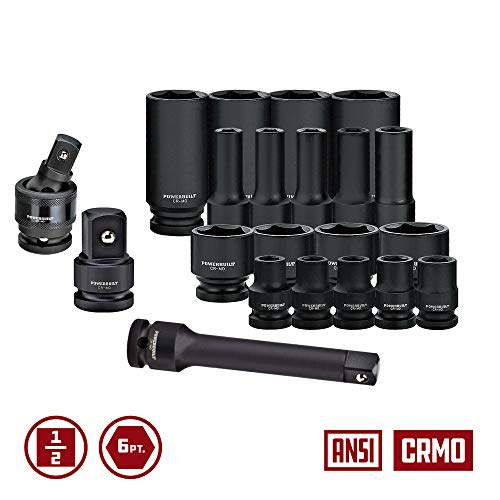 Powerbuilt Master 63 Piece 1/2-Inch Drive Impact Socket Set, Extensions, Metric&SAE Deep/Standard Impact Socket, Universal Joint and Adapter, Cr-Mo Steel, EVAs torage Tray - 949012 - size: 1/2-Inch, style: 63 Piece Impact Socket