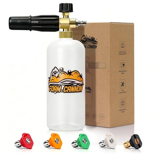 Foam Cannon for Pressure Washer, 1L Bottle Snow Foam Cannon with 5 Pressure Washer Nozzle Tips, 1/4 Inch Quick Connector, Compatible with Gas Pressure Washers&Electric Pressure Washers | Foam Cannon