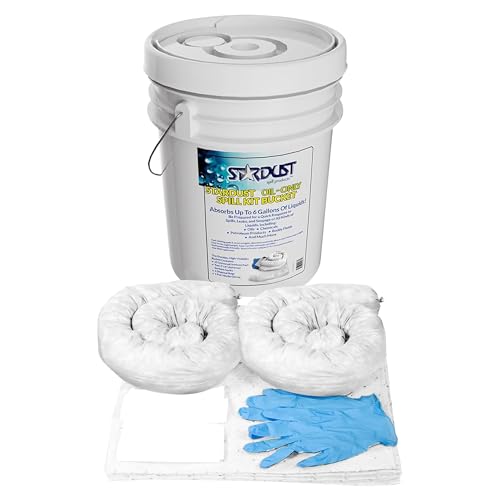 Stardust Spill Products D905P Oil Spill Kit with Portable Bucket | OSHA Approved, 15 Oil Absorbent Pads, 2 3x4' Absorbent Socks, 4 Disposal Bags & Nitrile Gloves, for Fast Response