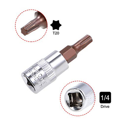 uxcell 3pcs 1/4" Drive x T20 Torx Bit Socket, S2 Steel Bits CR-V Sockets 38mm Length Use with Ratchet Wrench, Slide Bar, Extension Rod - size: T20