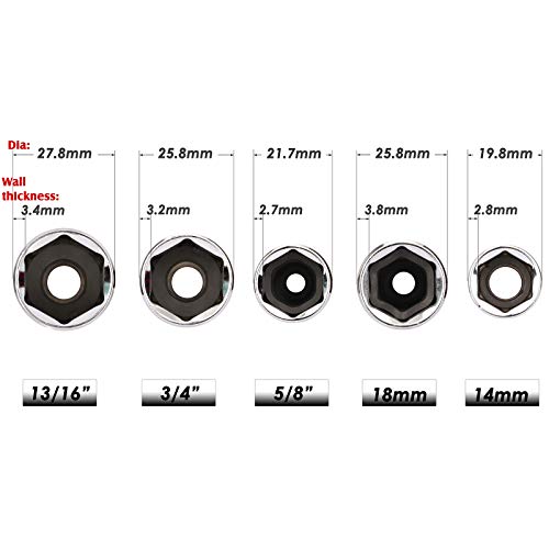 MIXPOWER 3/8-Inch Drive Spark Plug Socket Set, SAE & Metric, CR-V Steel Mirror finish, 6-Point, 5/8-Inch, 3/4-Inch, 13/16-Inch, 14mm, 18mm, 5-Piece Set - size: Non magnetic