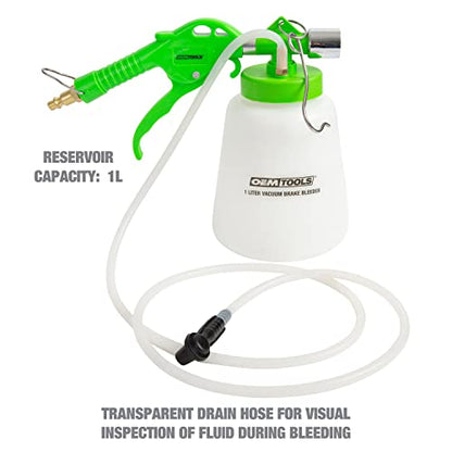 OEMTOOLS 22505 1L Pneumatic Brake Bleeder Kit with Refill Bottle, Single-Person Brake Fluid Bleeder Kit, Use for Disc and Drum Brakes, Universal Rubber Fitting, Uses Standard Workshop Air Supply - style: 1 liter