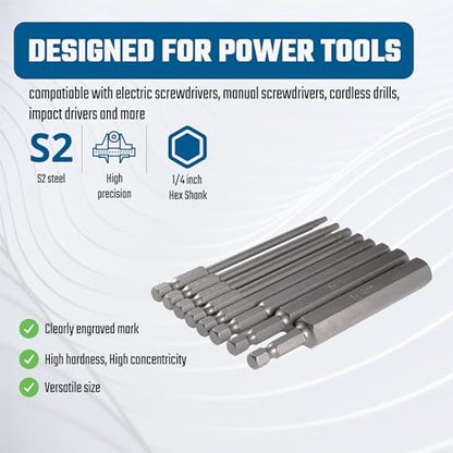 VESTTIO Hex Head Allen Wrench Metric Long Screwdriver Bit Set 8PCS 1/4 Inch Hex Shank 4 Inch/100 mm Length S2 Steel with Magnetic for Power Screwdriver Drill Impact Driver - size: 8 HEX / 4 inch