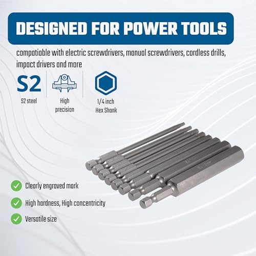 VESTTIO Hex Head Allen Wrench Metric Long Screwdriver Bit Set 8PCS 1/4 Inch Hex Shank 4 Inch/100 mm Length S2 Steel with Magnetic for Power Screwdriver Drill Impact Driver - size: 8 HEX / 4 inch