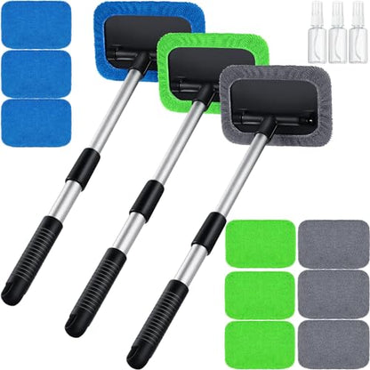 Frienda 3 Set Windshield Cleaner Tool Inside Car Window Cleaner Tool with 3 Extendable Handle 9 Reusable Microfiber Pads and 3 Spray Bottles for Auto Home Interior Exterior Glass Cleaning (Multicolor) : Automotive