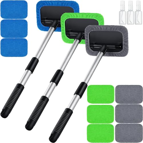 Frienda 3 Set Windshield Cleaner Tool Inside Car Window Cleaner Tool with 3 Extendable Handle 9 Reusable Microfiber Pads and 3 Spray Bottles for Auto Home Interior Exterior Glass Cleaning (Multicolor) : Automotive