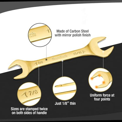 DURATECH Super-Thin Open End Wrench Set, SAE, 8-Piece, 1/4" to 1-1/16", Titanium Plating, with Rolling Pouch - color: Gold, size: SAE