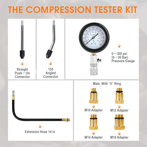 8PCS Engine Compression Tester Kit, Cylinder Compression Tester with 0-300 PSI Dual Scale Gauge, Automotive Compression Tester for Gasoline Engines, Cars & Motorcycles (Carton White)