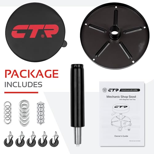 CTR Rolling Mechanic Shop Stool with Magnetic Tray, Heavy Duty Garage Stool