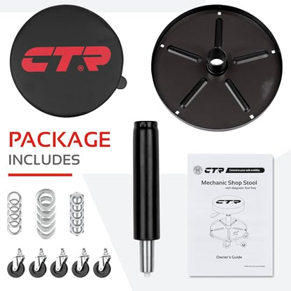 CTR Rolling Mechanic Shop Stool with Magnetic Tray, Heavy Duty Garage Stool