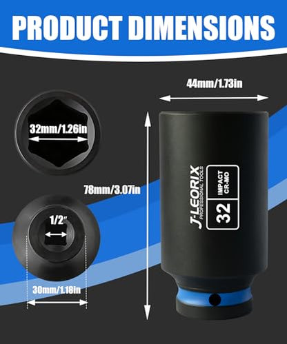 32mm Deep Impact Socket 1/2" Drive CR-MO Steel 6-Point | CR-MO steel impact socket set. 1/2" drive, 6-point design. Deep reach for lug nuts & axle nuts. - size: 32mm