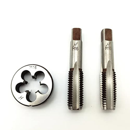 AtticZone M16 x 2.0 Metric Hand Thread Tap and Die Set, Right Hand 16 * 2.0, Alloy Tool Steel, 1 Taper Tap, 1 Plug Tap, 1 Round Die for Metal Working DIY Industrial - size: M16x2.0