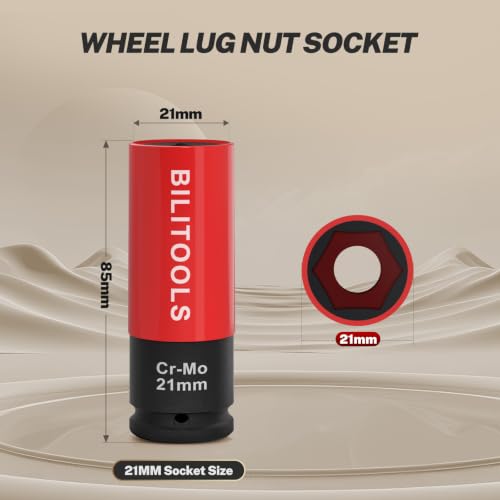 BILITOOLS 21mm Lug Nut Socket, 1/2" Drive Thin Wall Impact Socket | Non-Marring Sleeve, 6-Point Cr-Mo Wheel Socket for Tire Changes, Rims and Auto Repair - size: 21MM