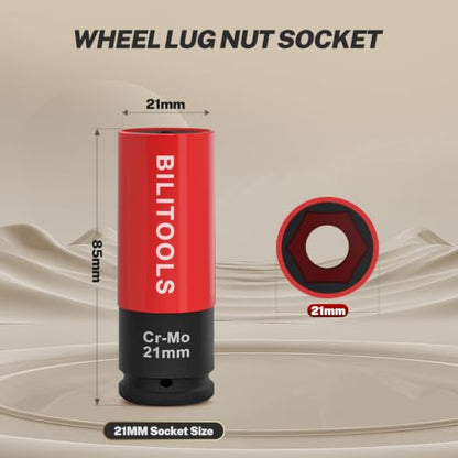 BILITOOLS 21mm Lug Nut Socket, 1/2" Drive Thin Wall Impact Socket | Non-Marring Sleeve, 6-Point Cr-Mo Wheel Socket for Tire Changes, Rims and Auto Repair - size: 21MM