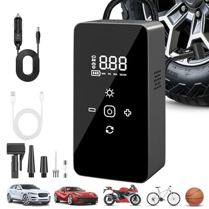 Portable Air Compressor Tire Inflator with Digital Pressure Gauge, LED Lights & Auto Shut-Off Function, Cordless Tire Air Pump with 12V DC Car Plug for Car, Motorcycle, Bicycle, Ball
