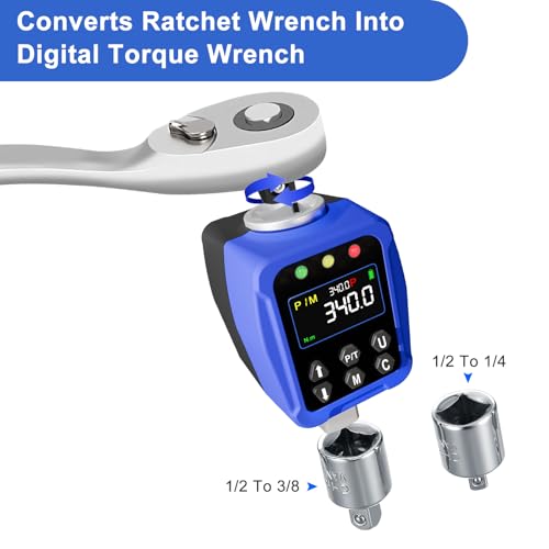 1/2" Drive Digital Torque Wrench Adapter 12.5-250.7 Ft-lb / 17-340 Nm, Electronic Torque Meter ±1% Accuracy, Colour LCD Display, 1/4” & 3/8” Adapters for Car & Motorcycle Maintenance - size: 1/2" 12.5-250.7 FT.LB Digital Torque Adapter