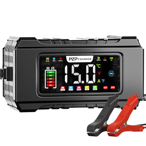 PZP 15-Amp 12V/24V Smart Battery Charger, Maintainer & Trickle Charger for LiFePO4, Lead Acid Batteries - Fully Automatic 9-Stage Charging w/Temp Compensation for Motorcycle Car Truck Lawnmower Boat - color: Black