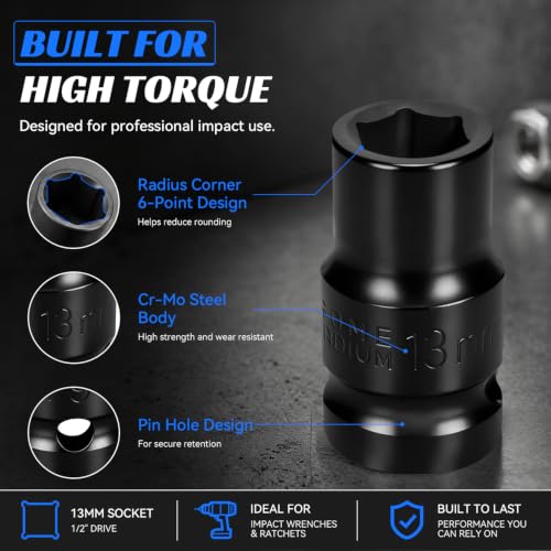 2PCS 13mm Impact Socket 1/2" Drive, 6 Point Metric Shallow Socket, CR-V Steel Heavy Duty Impact Wrench Socket for Automotive Repair - size: 13mm