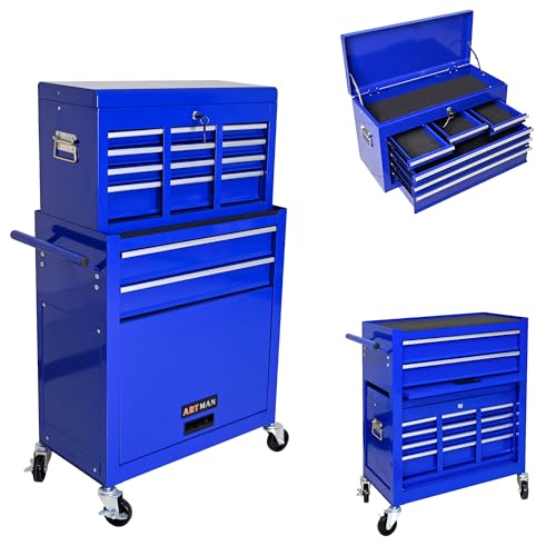 8-Drawer Tool Chest,Rolling Tool Box with Detachable Top Toolbox & Key Lock,Tool Cabinet with Universal Lockable Wheels,Lock Bar,Protective Liner,Metal Storage Cart for Garage,Workshop (Blue) - color: Blue, size: 8 Drawers