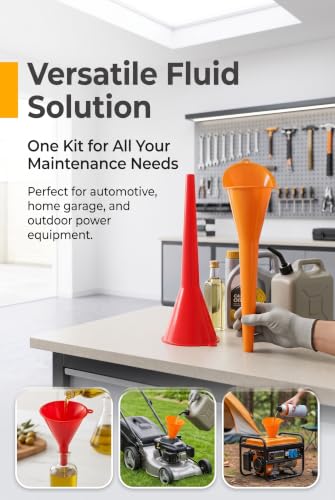 2 PCS Oil Funnel for Oil Change, No-Spill Long Neck Funnel with Hanging Hole, Universal Fuel & Transmission Fluid Filling Tool for Cars and Motorcycles (Orange+Red)
