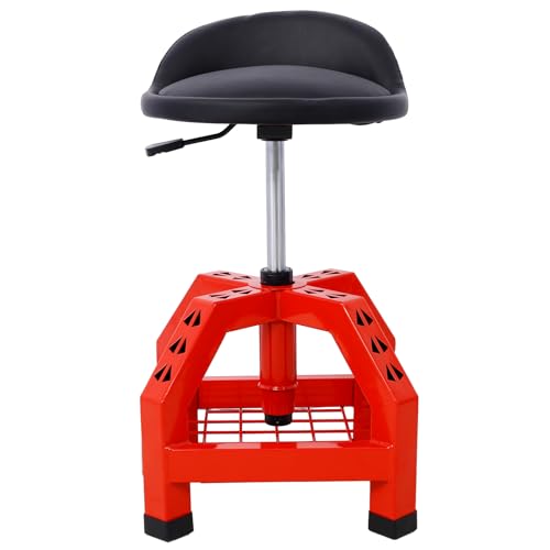 ZeHuoGe Rolling Shop Stool for Garage with Casters, Adjustable Height 360° Swivel Shop Seat with Tool Tray Storage, 330 LBS Capacity Padded Mechanic Stool (Red) - color: Red