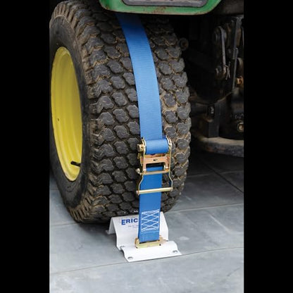 Erickson Wheel Chock Tie-Down Kit, 2 in x 6.5 ft, Single Slotted E-Fitting, Fits 10 in-30 in Tires, 1500 lb Ratchet Straps - Secures ATV, UTV, SxS, Mower & More - style: 2in x 6.5ft - Single Slotted E-fitting