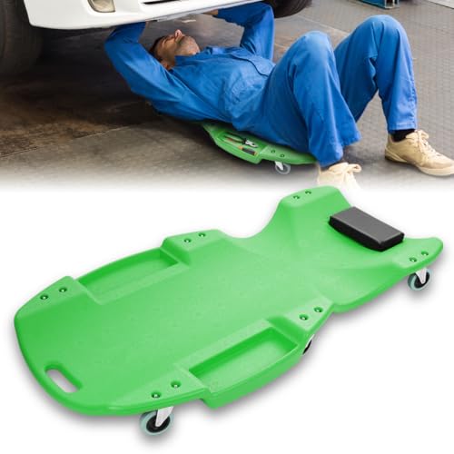 Mechanic Creeper 47 Inch, Low Profile Under Car Rolling Creeper with Padded Headrest and Tool Trays, 300 LBS Capacity, Green