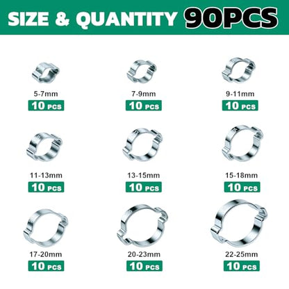 OURU 90PCS Double Ear Hose Clamps, 9 Sizes 5-25mm Galvanized Steel Crimp Rings for Hoses, Tubes, and Pipelines - size: 90PCS（5-25mm）