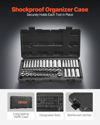 VEVOR Socket Set, 46 Pieces, 1/4 inch Drive Socket Tool Set, SAE and Metric Size, Deep and Standard, Mechanic Tool Kit with Storage Case, Chrome Plated CR-V Alloy Steel, for Automotive Repair - size: 1/4", style: 46 PCS