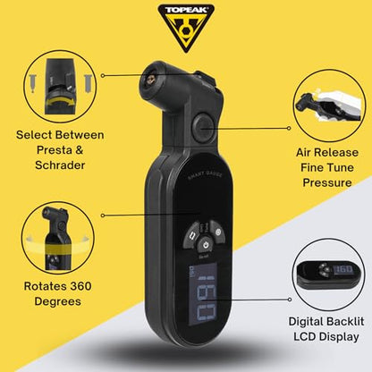 Topeak SmartGauge D2X Digital Tire Pressure Gauge - Accurate and Easy-to-Use Bike Pressure Gauge with Digital Display - Measures PSI for Presta and Schrader Valves | Measures 5-260 PSI . Smarthead Fits Presta and Schrader. 360 Degree Backlit Rotating Disp