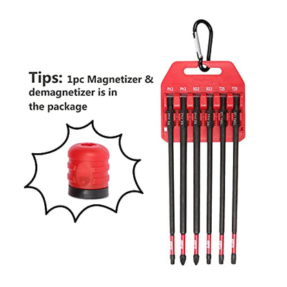 Protorq Long Impact Bit Set, PH2 SQ2 T25, 6-Inch Length, 6-Piece with 1-Piece Magnetizer & demagnetizer - size: 6pc 6 in. PH2 SQ2 T25 with Magnetizer