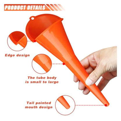 JOYCOURT 2PCS Long Neck Oil Funnels, Multi-Purpose Spill Saver Funnel | Plastic Funnel for Filling Automotive Oil Lubricants Engine Oils Water Diesel Fuel Kerosene & Other Liquids, Small Red+Orange