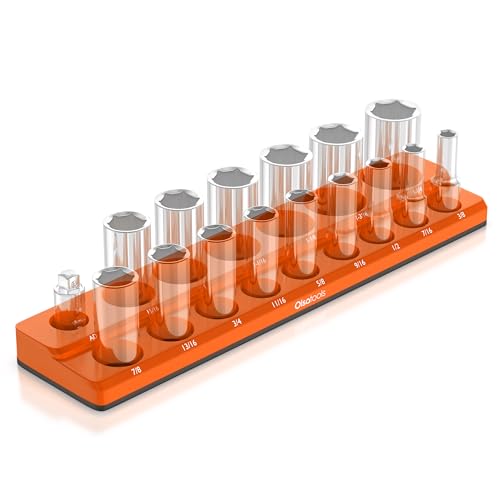 Olsa Tools Magnetic Socket Organizer - 1/2-Inch Drive SAE Socket Holder with Strong Magnets - Professional Tool Holder and Tool Organizer - Stores up to 16 Sockets - Orange - Part: 1289 - color: Orange, Sae, size: 1/2-Inch Drive, SAE