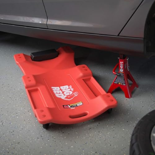 Big RED Plastic Rolling Garage/Shop Creeper: 40" Mechanic Cart with Padded Headrest, Dual Tool Trays and 6 Casters