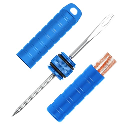 BWSHLF Tubeless Bike Tire Repair Kit for Mountain Bikes & Road Bicycles, Tubeless Tire Plug Kit with Storage Canister, Reamer, Insertion Fork, 10 Bacon Strips, Fix a Puncture or Flat, No Glue Needed - color: Blue