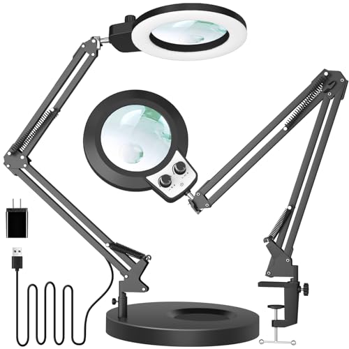 KIRKAS 12X 30X Magnifying Glass with Light and Stand, Overhead Knob 2 in 1 | Lighted Magnifier Lamp for Workbench, Craft, Sewing, Repair, Real Glass Lens Stepless Dimming and Color (9.06IN Base & Clamp) - size: 12X 30X 9.06 INCH Base & Clamp