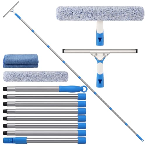 Mitclear 10 Feet Long Squeegee Window Cleaner Tool for Outdoor High Windows | Professional Window Cleaning Kit with Extension Poles for Indoor Outdoor Windows Car Windshield Solar Panel - size: 10 feet