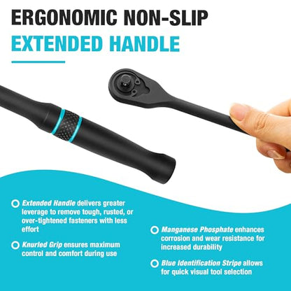 DURATECH Extra Long Handle 1/4-Inch Drive Ratchet, 90-Tooth Ratchet Wrench with 8" Handle and Dust Proof Teardrop Enclosed Head, Reversible, CR-V Made, CR-MO Head, 4° Swing, Black Mn Phosphate Finish - size: 1/4" with 8" handle