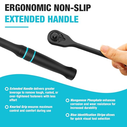 DURATECH Extra Long Handle 3/8-Inch Drive Ratchet, 90-Tooth Ratchet Wrench with 12" Handle and Dust Proof Teardrop Enclosed Head, Reversible, CR-V Made, CR-MO Head, 4° Swing, Black Mn Phosphate Finish - size: 3/8" with 12" handle