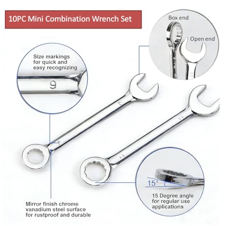 Small Wrench set, 10-Piece Mini Combo Wrench set, Ignition Wrench, Micro&Thin, SAE Size: 5/32", 3/16", 13/64", 7/32", 15/64", 1/4", 9/32", 5/16", 3/8", 7/16", with Unique Wrench Organizer (Red) - size: SAE