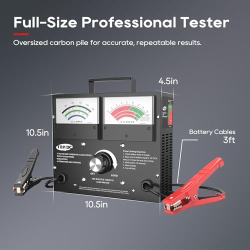 TOPDC 500A Carbon Pile Battery Load Tester, 12V, Up to 1000 CCA | Variable-load analog tester checks 12V lead-acid batteries, starters and alternators for cars, trucks, SUVs, RVs and boats - size: TD-BLT501