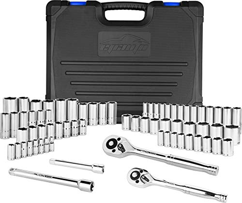 EPAuto 69 Pieces 1/4-Inch & 3/8-Inch Drive Socket Set, Pear Head Ratchet | Chrome (92-824) - size: 69 Pieces