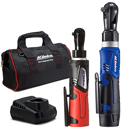 ACDelco G12 Series 12V Cordless Ratchet Combo Kit, 3/8" (45 ft-lbs) & 1/4" (30 ft-lbs), Electric Ratchet Wrench with (1) Li-ion Battery and Charger, 240 RPM, 2-Tool Set with Canvas Bag, ARW1209-K9