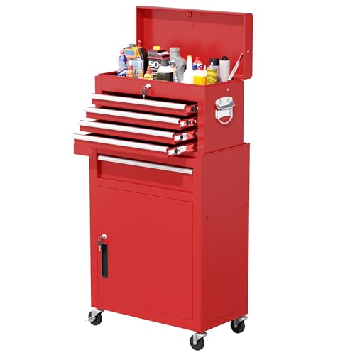 Greenvelly Tool Chest, 5-Drawer Rolling Tool Chest with Hooks and Lockable Wheels, Detachable Top Tool Box, Toolbox with Wheels, Rolling Tool Box for Mechanics Garage Workshop and Tool Room (Red) - color: Red, size: 5 Drawers