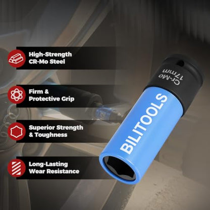 BILITOOLS 17/19/21mm Lug Nut Socket Set, 1/2" Thin Wall Impact Sockets | 3-PCS Cr-Mo Socket Set with Non-marring Sleeves, 6-Point Drive for Tire Changes, Rims and Auto Repair - size: 17-19-21MM