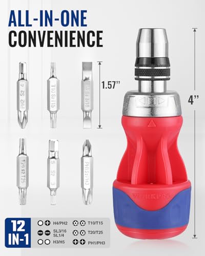 WORKPRO 12-in-1 Stubby Ratcheting Multi-bit Screwdriver, Short Screw Drivers with Magnetic, Quick-load Mechanism, Premium S2 Steel, Small Screwdriver with Double End Bits in Handle - size: Stubby