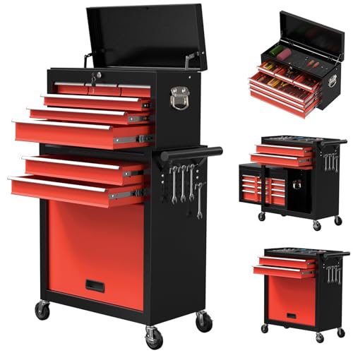 8-Drawer Tool Box with Wheels, Rolling Tool Storage Cabinet with Detachable Top Tool Chest and Locking Mechanism, Metal Tool Cart for Garage Workshop and Room Use (BlackRed) - color: Blackred, size: 8-Drawer