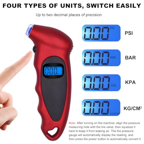 KVAEY Digital Tire Pressure Gauge, 150 PSI 4 Settings Accurate Tire Gauge with Non-Slip Grip, Backlight LCD Tire Pressure Gauge Reader Checker Tool for Car Truck Bicycle Motorcycle (Red) - color: Red