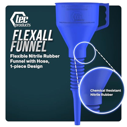 TEC Products FlexAll Long Flexible Funnels - Automotive Oil Funnel with Hose, Durable Nitrile Rubber for Oil Change, Transmission Funnel Fluid, Diesel, Fuel, Gas - Made in USA - Blue (12 x 4 Inches) - color: Blue, size: Small